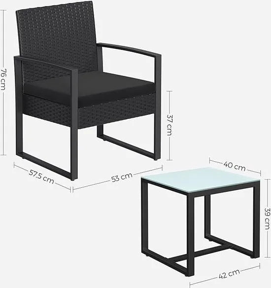 SONGMICS Balkonmeubilair, tuinset, gemaakt van PE polyrattan, loungeset, tafel en 2 stoelen, terrasmeubilair, eenvoudig te monteren, buiten, voor terras, balkon, tuin, zwart GGF010B05