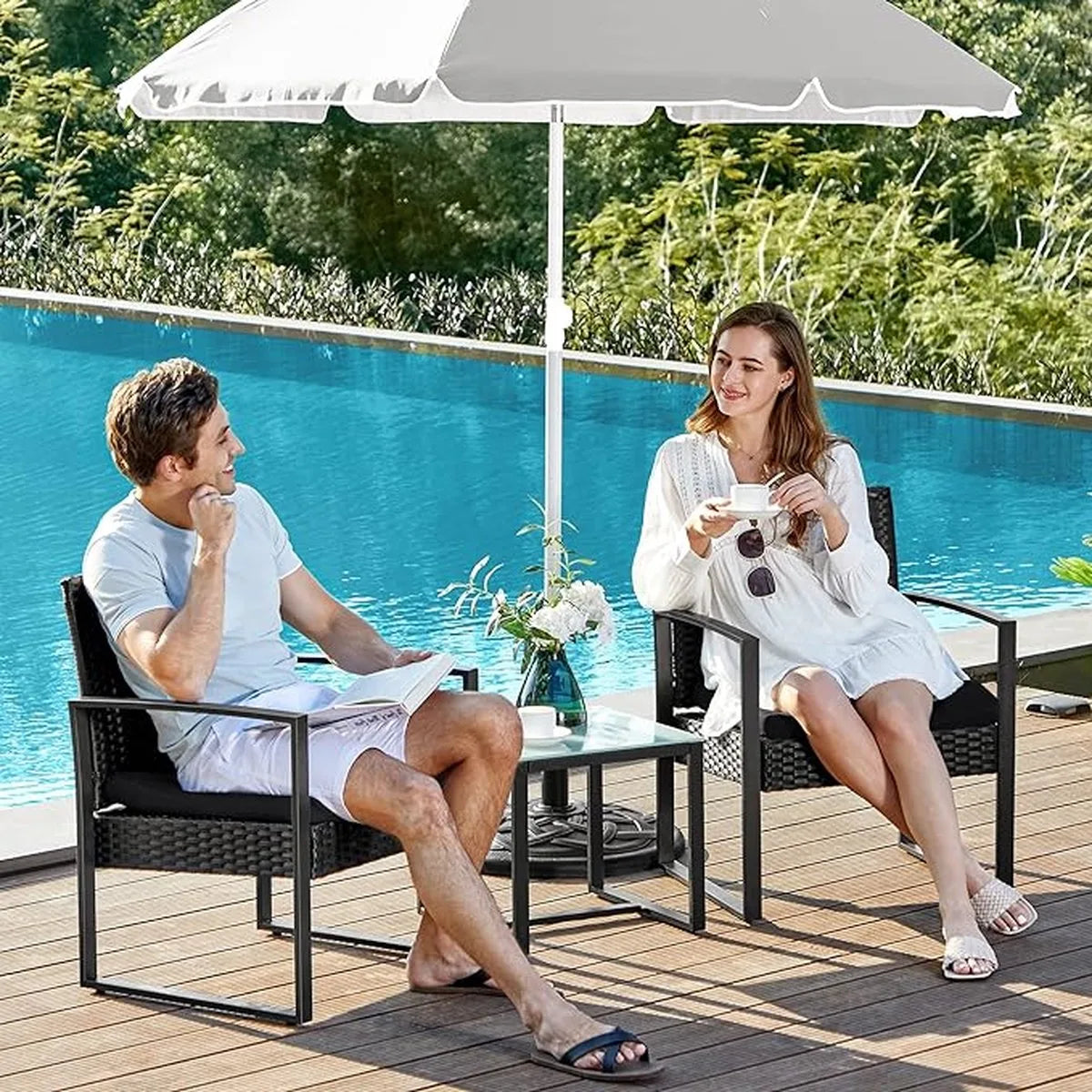 SONGMICS Balkonmeubilair, tuinset, gemaakt van PE polyrattan, loungeset, tafel en 2 stoelen, terrasmeubilair, eenvoudig te monteren, buiten, voor terras, balkon, tuin, zwart GGF010B05