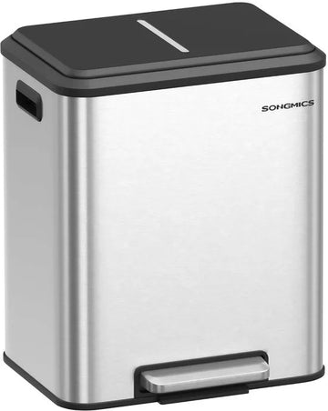 SONGMICS - Keukenafvalbak - pedaalemmer 2 x 15 Liter - 2 compartimenten - met binnenemmer, softclose - Metallic Zilver
