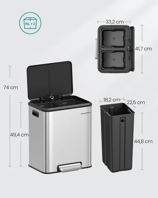 SONGMICS - Keukenafvalbak - pedaalemmer 2 x 15 Liter - 2 compartimenten - met binnenemmer, softclose - Metallic Zilver