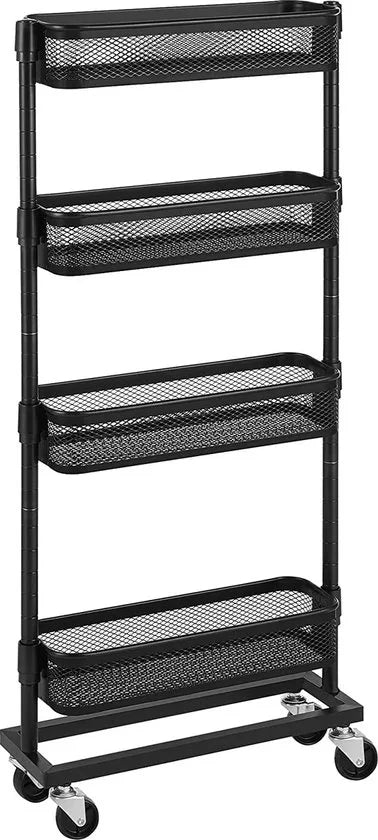 SONGMICS Nisplank, trolley, huishoudtrolley, badkamerplank, keukenplank met 4 gaasmanden, ruimtebesparend, eenvoudig te monteren, keuken, kantoor, badkamer, woonkamer, zwart BSC065B01
