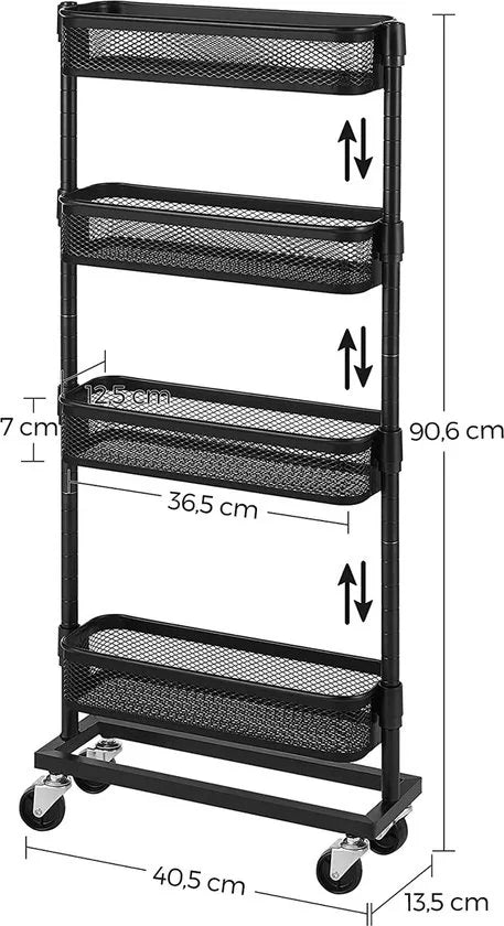 SONGMICS Nisplank, trolley, huishoudtrolley, badkamerplank, keukenplank met 4 gaasmanden, ruimtebesparend, eenvoudig te monteren, keuken, kantoor, badkamer, woonkamer, zwart BSC065B01