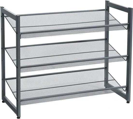 Stapelbaar schoenenrek - 3 laags schoenenorganizer - Metalen schoenenplank met verstelbare platte of schuine planken - Beschermrails - 30.5 x 74 x 61.5 cm - Biedt plaats aan 9 - 12 paar - Zwart – Grijs