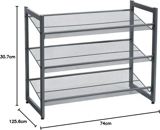 Stapelbaar schoenenrek - 3 laags schoenenorganizer - Metalen schoenenplank met verstelbare platte of schuine planken - Beschermrails - 30.5 x 74 x 61.5 cm - Biedt plaats aan 9 - 12 paar - Zwart – Grijs