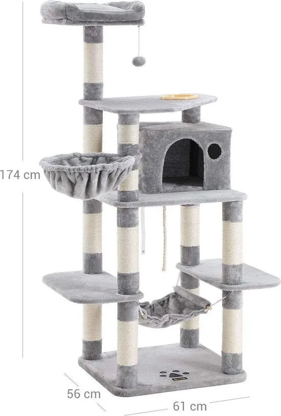 Stevige krabpaal met kattenbak, met sisal omwikkelde krabpunten, mand en grot, klimboom voor katten 164 cm hoog, lichtgrijs PCT99W