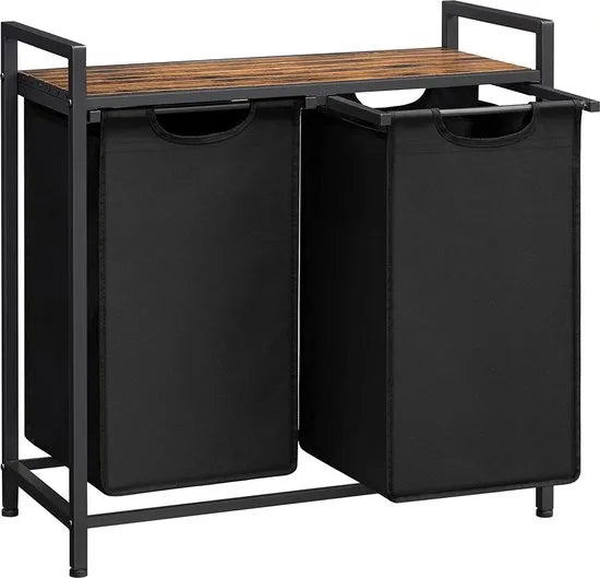 Wasmand 2 compartimenten, wasmand met plank, waskast, oxford stof verwijderbaar metalen frame, 2 x 46 l, 73 x 33 x 72 cm, wit – Vintabruin; zwart