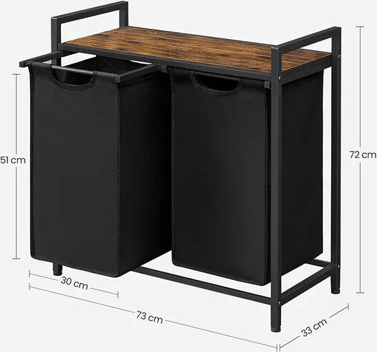Wasmand 2 compartimenten, wasmand met plank, waskast, oxford stof verwijderbaar metalen frame, 2 x 46 l, 73 x 33 x 72 cm, wit – Vintabruin; zwart