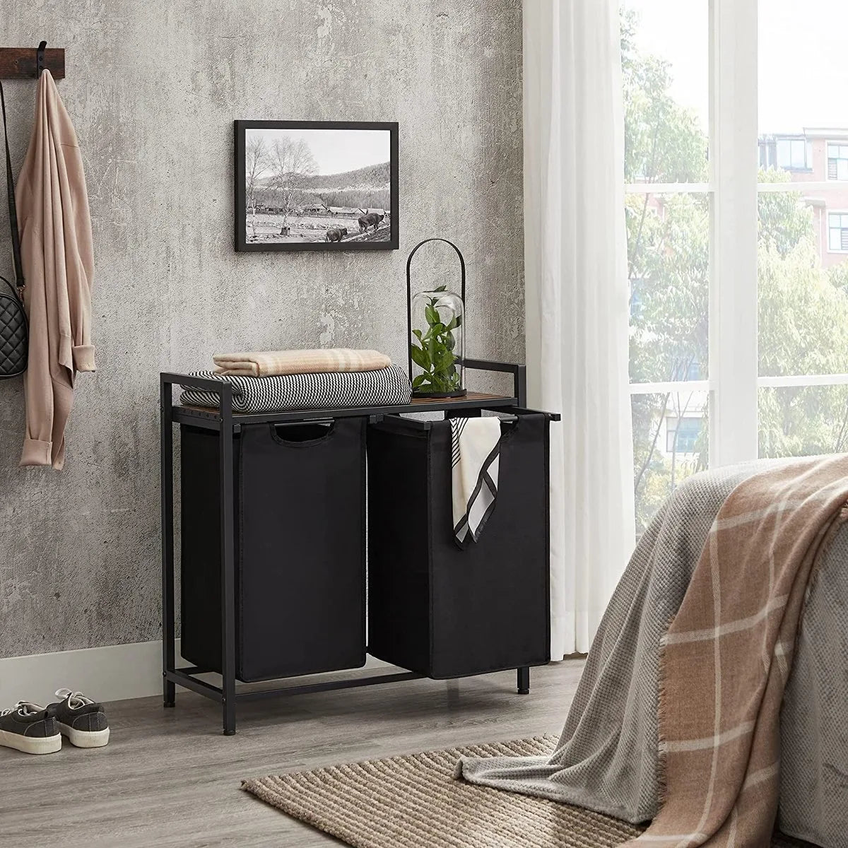 Wasmand 2 compartimenten, wasmand met plank, waskast, oxford stof verwijderbaar metalen frame, 2 x 46 l, 73 x 33 x 72 cm, wit – Vintabruin; zwart