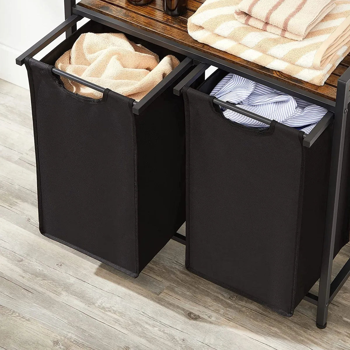 Wasmand 2 compartimenten, wasmand met plank, waskast, oxford stof verwijderbaar metalen frame, 2 x 46 l, 73 x 33 x 72 cm, wit – Vintabruin; zwart