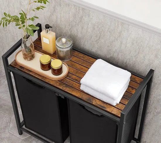 Wasmand 2 compartimenten, wasmand met plank, waskast, oxford stof verwijderbaar metalen frame, 2 x 46 l, 73 x 33 x 72 cm, wit – Vintabruin; zwart