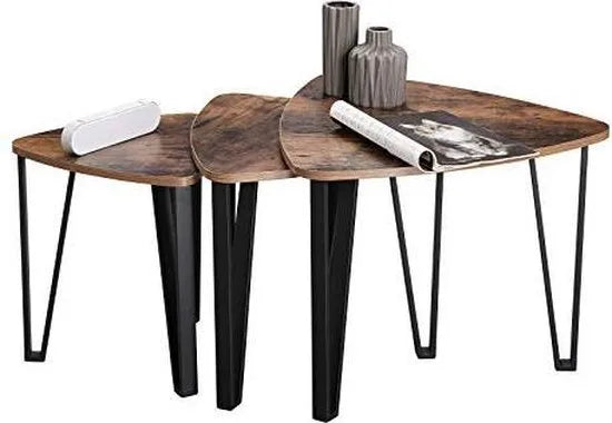 Trend24 Salontafels - Salontafel industrieel - Bijzettafel - Salontafel hout - Set van 3 stuks - Rustiek bruin - Zwart