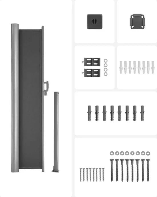 Uitschuifbare aluminium zijluifel 180 x 400 cm - Inkijkbescherming en zonwering - Antraciet - GSA184G windscherm oprolbaar