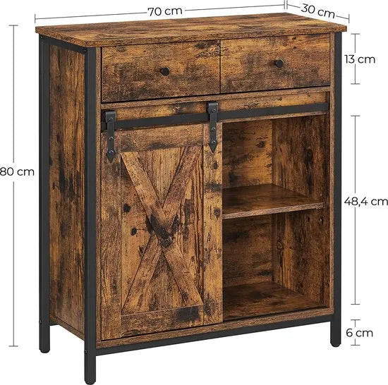 VASAGLE dressoir, dressoir met lade, keukenkast, ladekast met schuifdeur in landelijke stijl, industrieel ontwerp, vintage bruin-zwart LSC100B01