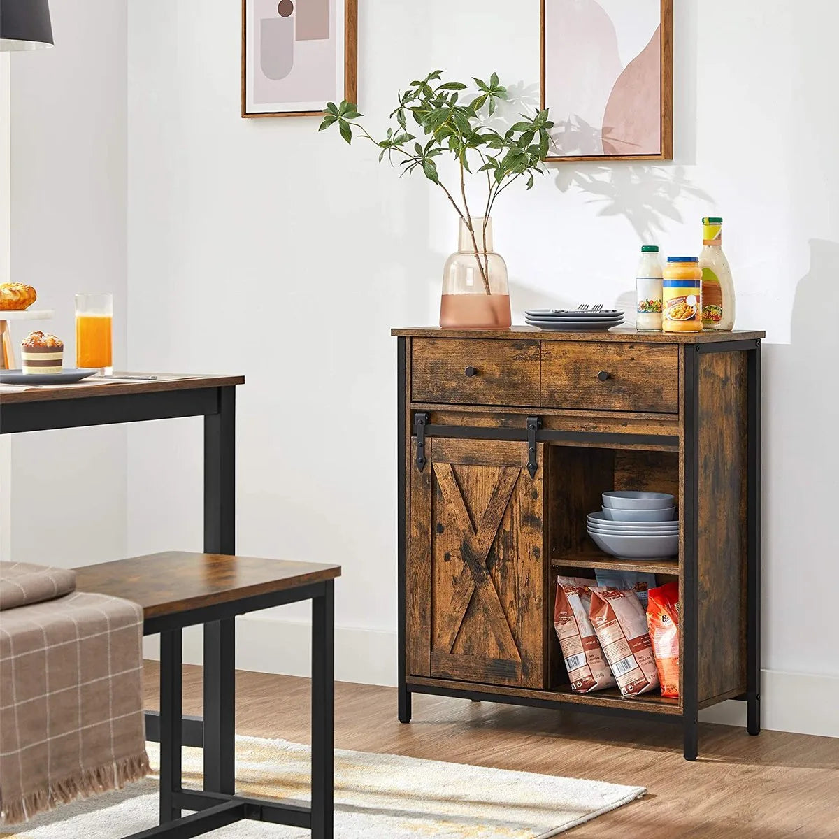 VASAGLE dressoir, dressoir met lade, keukenkast, ladekast met schuifdeur in landelijke stijl, industrieel ontwerp, vintage bruin-zwart LSC100B01
