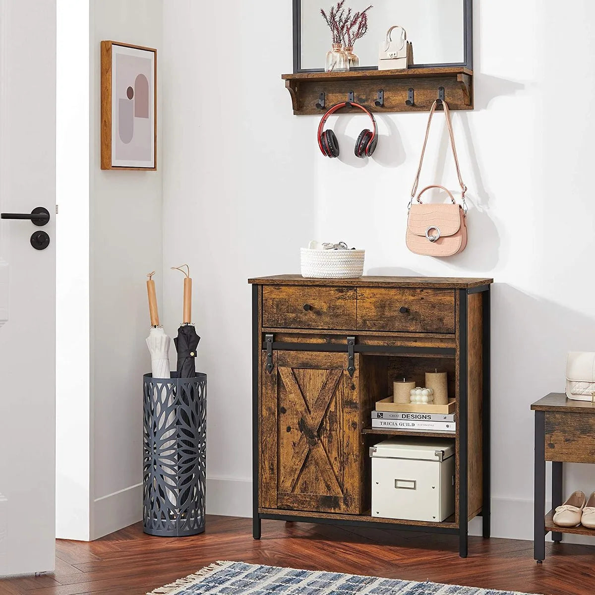 VASAGLE dressoir, dressoir met lade, keukenkast, ladekast met schuifdeur in landelijke stijl, industrieel ontwerp, vintage bruin-zwart LSC100B01