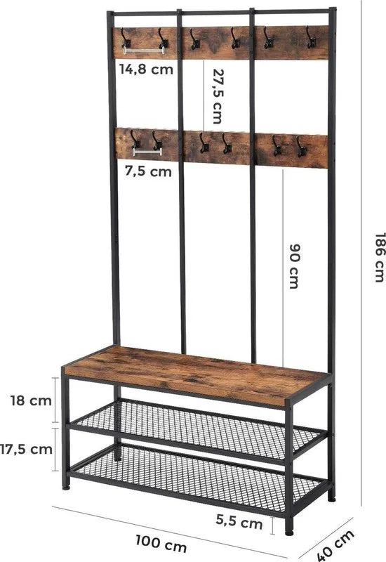 VASAGLE Grote kapstok met bank, kapstok met 12 kleerhaken en schoenenrek, halplank, kantoor, slaapkamer, stevig stalen frame, industrieel ontwerp, vintage bruin-zwart