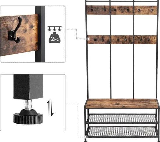 VASAGLE Grote kapstok met bank, kapstok met 12 kleerhaken en schoenenrek, halplank, kantoor, slaapkamer, stevig stalen frame, industrieel ontwerp, vintage bruin-zwart