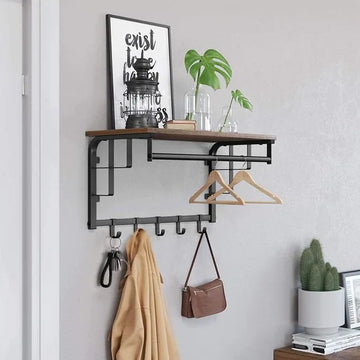 wandkapstok met plank, wandplank met 5 afneembare haken, wandhangende plank met ophangstang, voor hal, slaapkamer, badkamer en woonkamer, vintage