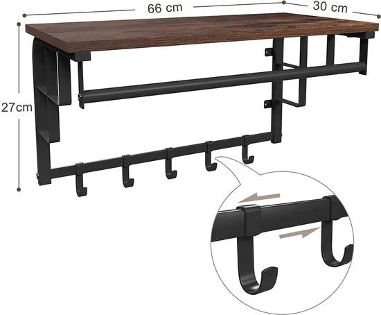 wandkapstok met plank, wandplank met 5 afneembare haken, wandhangende plank met ophangstang, voor hal, slaapkamer, badkamer en woonkamer, vintage