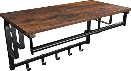 wandkapstok met plank, wandplank met 5 afneembare haken, wandhangende plank met ophangstang, voor hal, slaapkamer, badkamer en woonkamer, vintage