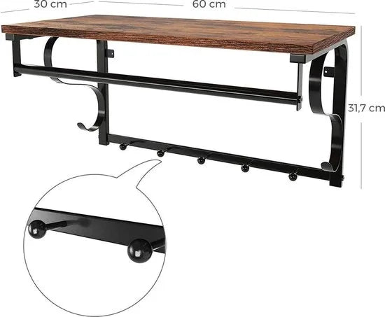 wandkapstok wandplank met 5 haken en plank, in industrieel design, hakenrail met ophangstang, voor hal, slaapkamer, badkamer en woonkamer, vintage, zwart LCR11BX