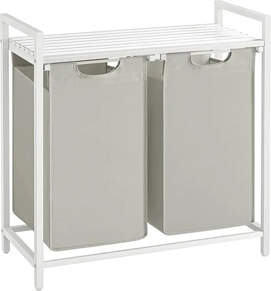 Wasmand 2 compartimenten, wasmand met plank, waskast, oxford stof verwijderbaar metalen frame, 2 x 46 l, 73 x 33 x 72 cm, wit