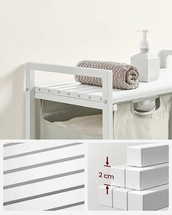 Wasmand 2 compartimenten, wasmand met plank, waskast, oxford stof verwijderbaar metalen frame, 2 x 46 l, 73 x 33 x 72 cm, wit