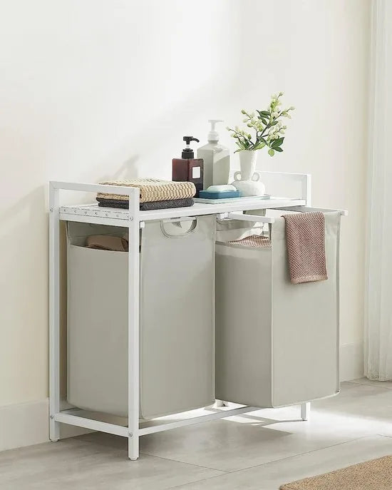 Wasmand 2 compartimenten, wasmand met plank, waskast, oxford stof verwijderbaar metalen frame, 2 x 46 l, 73 x 33 x 72 cm, wit