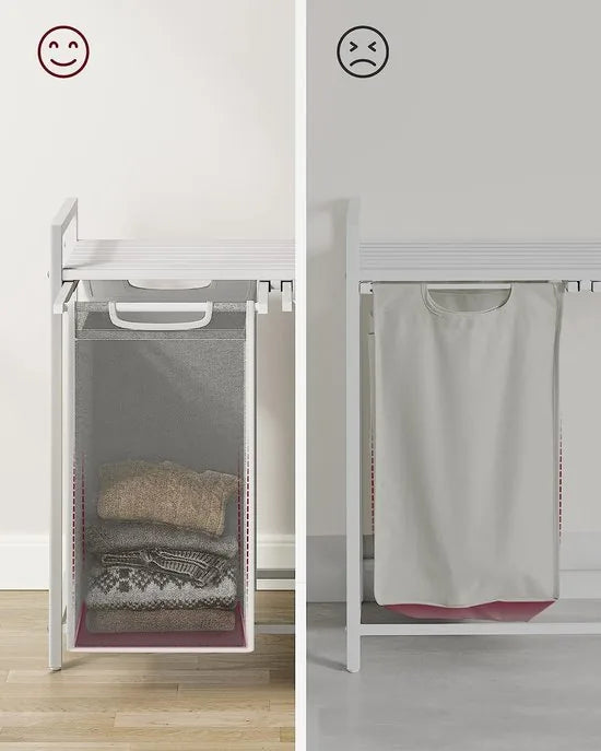 Wasmand 2 compartimenten, wasmand met plank, waskast, oxford stof verwijderbaar metalen frame, 2 x 46 l, 73 x 33 x 72 cm, wit