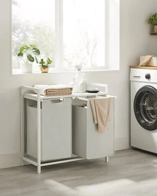 Wasmand 2 compartimenten, wasmand met plank, waskast, oxford stof verwijderbaar metalen frame, 2 x 46 l, 73 x 33 x 72 cm, wit