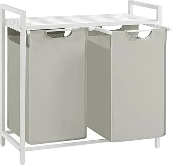 Wasmand 2 compartimenten, wasmand met plank, waskast, oxford stof verwijderbaar metalen frame, 2 x 46 l, 73 x 33 x 72 cm, wit