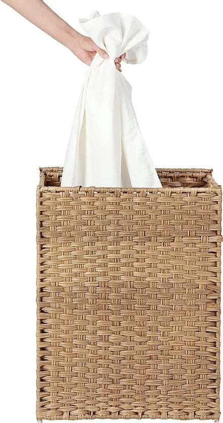 wasmand handgeweven, 90 L, wasmand gemaakt van synthetisch rotan, met deksel en handvatten, opvouwbaar, waszak afneembaar, natuurlijke kleur LCB51NL