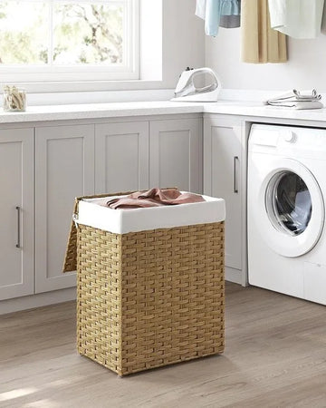wasmand handgeweven, 90 L, wasmand gemaakt van synthetisch rotan, met deksel en handvatten, opvouwbaar, waszak afneembaar, natuurlijke kleur LCB51NL