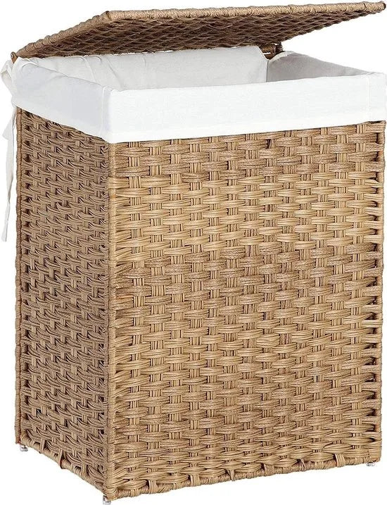 wasmand handgeweven, 90 L, wasmand gemaakt van synthetisch rotan, met deksel en handvatten, opvouwbaar, waszak afneembaar, natuurlijke kleur LCB51NL