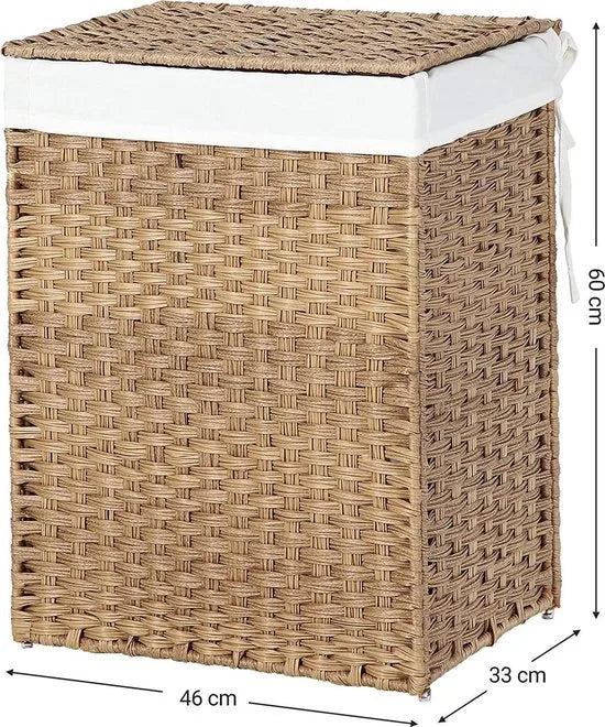 wasmand handgeweven, 90 L, wasmand gemaakt van synthetisch rotan, met deksel en handvatten, opvouwbaar, waszak afneembaar, natuurlijke kleur LCB51NL