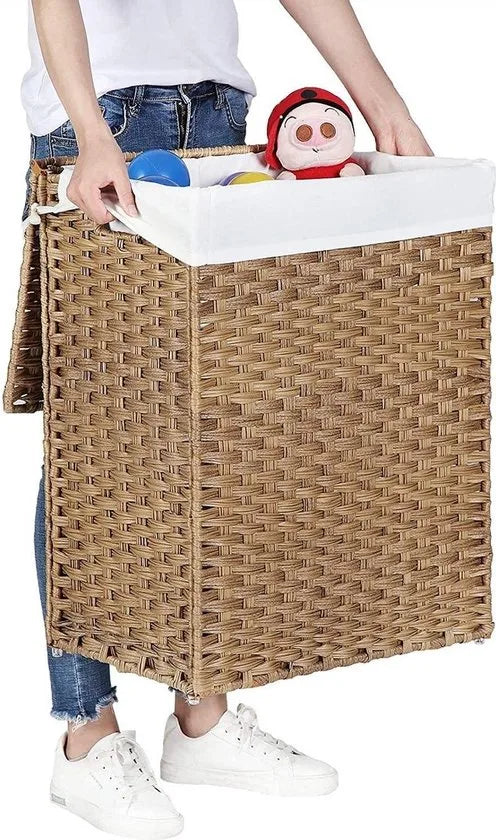 wasmand handgeweven, 90 L, wasmand gemaakt van synthetisch rotan, met deksel en handvatten, opvouwbaar, waszak afneembaar, natuurlijke kleur LCB51NL