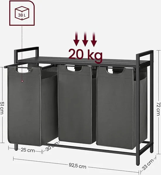 Wasmand Met 3 Vakken, Uittrekbaar Wassorteerder, Afneembaar Waszak, 3 X 38L, 92,5 X 33 X 72 Cm, Zwart-Grijs