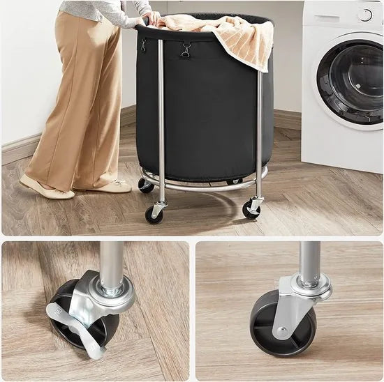 Wasmand met wielen, wasopvangbak, waswagen, rond, stalen frame, verwijderbare waszak, 4 wielen, waarvan 2 met rem, zwart-zilver RLS001B01