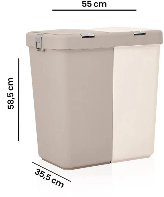 Wasmand - Wassorteerder - Wasmand opvouwbaar - Wasbox - Wasmand met touch deksel - Sumpas Wasmand - 2 vakken -80 Liter - 100% gerecycled plastic - Bruin/Creme