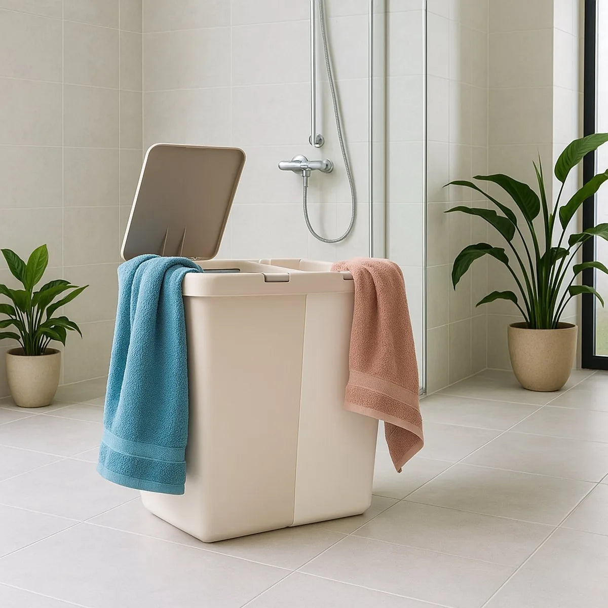 Wasmand - Wassorteerder - Wasmand opvouwbaar - Wasbox - Wasmand met touch deksel - Sumpas Wasmand - 2 vakken -80 Liter - 100% gerecycled plastic - Bruin/Creme