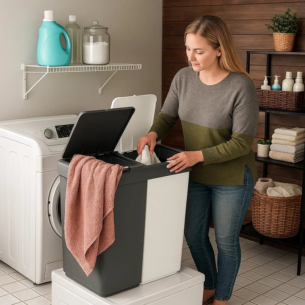Wasmand - Wassorteerder - Wasmand opvouwbaar - Wasbox - Wasmand met touch deksel - Sumpas Wasmand - 2 vakken -80 Liter - 100% gerecycled plastic - Antrasit/Wit